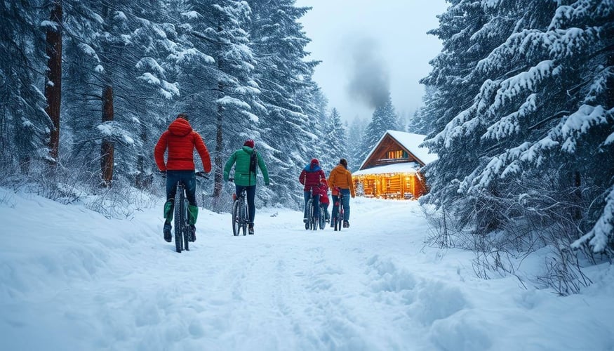 Cyclists and hikers in the snow walking to a festive chalet